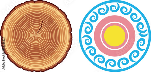 Vector illustration featuring a detailed tree trunk cross section with growth rings and an abstract sun swirl target icon