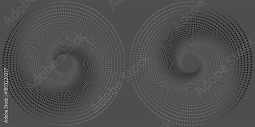 Abstract monochromatic image featuring a pair of embossed spiral designs with textured dotted circles, creating a subtle optical illusion on a dark grey background.