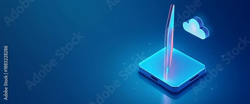 Futuristic holographic avatar icon gently rotates on a digital platform, as the camera slowly pans across a sleek, blue-toned virtual environment with subtle particle motion, creating a cinematic tech