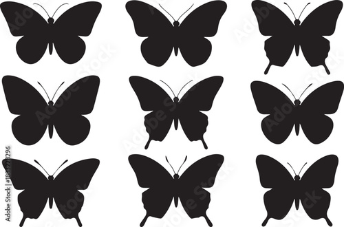 Nine Black Silhouette Butterflies in Various Poses on White Background butterfly