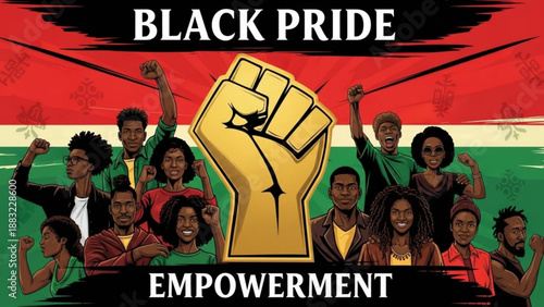 Black pride and empowerment diverse group of people with raised fists African American culture celebration vector illu