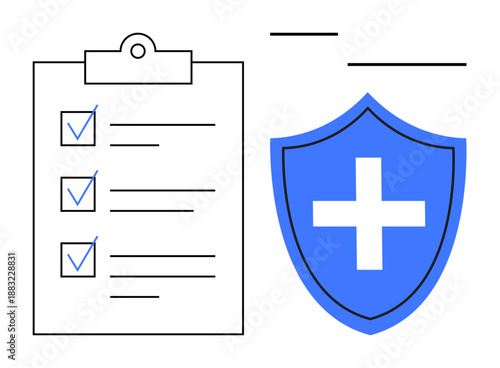 Health insurance, security, protection, medical coverage, safety assurance, healthcare planning. A clipboard checklist and a shield with a cross. Health insurance and security icon concept