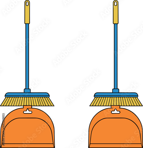 Vector illustration featuring a long handled blue and yellow broom with a matching orange dustpan for household cleaning