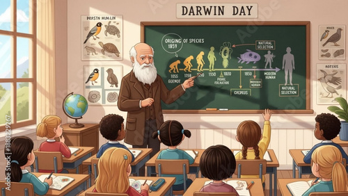 Charles Darwin teaching evolution in a classroom children learning science Darwin Day concept illustration