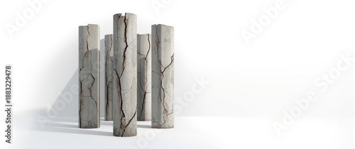 Group of damaged concrete columns weakening the building structure isolated on white background