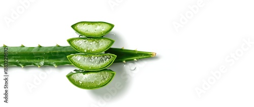 Aloe Vera Slices with Water Droplets and Plant Isolated on Background