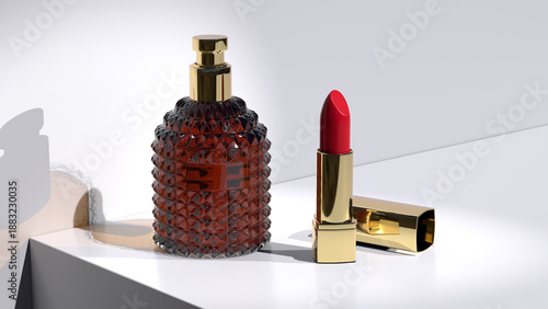 Beautiful lipstick, ribbed perfume bottle, mockup for designers, great for designers to present fragrance packaging concepts in refined way, 3d render