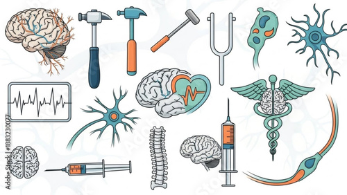 Medical and neuroscience icons including brain neuron syringe and reflex hammer for healthcare and science concepts
