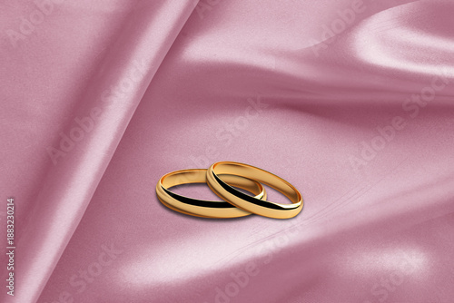 Elegant two gold wedding rings on soft pink silk fabric, symbolizing love, commitment, and romance in luxurious setting, eternal love, essence romance, commitment, and celebration, 3d rendering