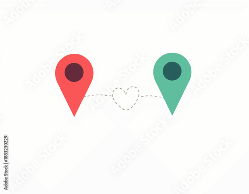 Navigating Love's Journey: Two location pins, linked by a dotted heart, represent love's path and long-distance relationships, capturing a blend of minimalism and romance.