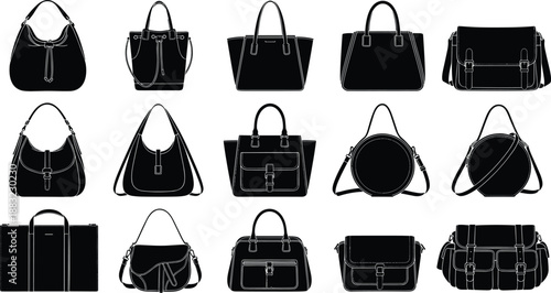 Silhouette illustration of diverse women’s handbags including tote, shoulder, satchel, crossbody, and round styles, showcasing fashion accessories variety