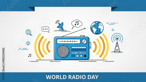 World Radio Day concept vintage radio broadcasting with communication icons vector illustration for media and technolo