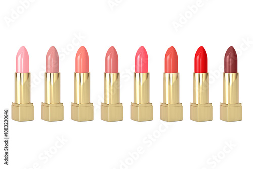 set Luxurious golden lipsticks scattered on light background, elegance and beauty in cosmetics, Beauty industry glamour, 3d render