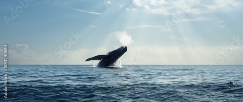 Large mammal Blue whale blowing water from blow hole in Sri Lanka's Mirissa
