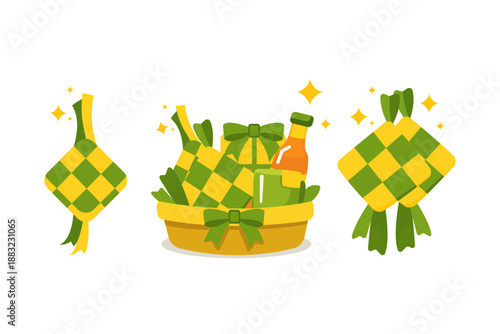 Traditional ketupat illustration with woven rice cakes in a basket, symbol of Eid al-Fitr celebration. Perfect for Ramadan, Lebaran greeting, Islamic holiday design, and Muslim festive content.