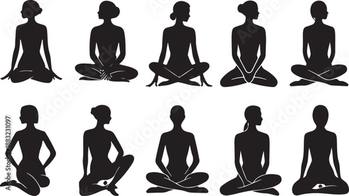 Set of female silhouettes in seated yoga and meditation poses on a white background woman