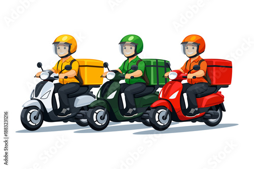Delivery riders on scooters with colorful boxes, representing fast courier service, food delivery, online shopping logistics, express shipping, and urban transportation illustration.