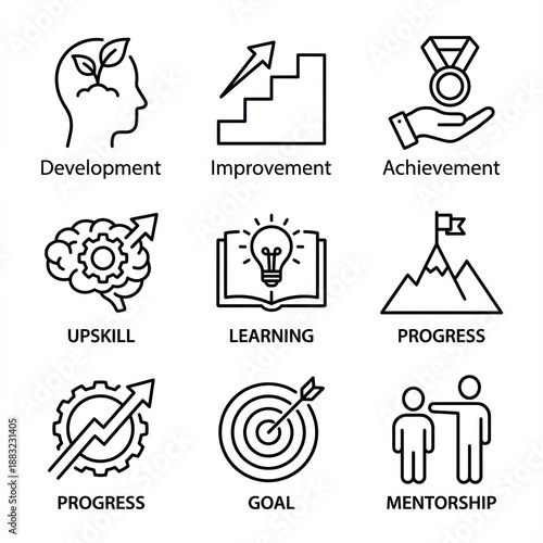 Development improvement leadership skill success career employee development training growth business icon set for progress goal mentorship concept Upskilling and skill development growth