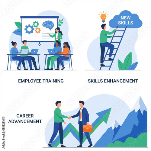 Employee training leadership skill development growth business improvement career success employee development training growth business concept Upskilling and skill development growth