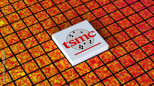 Taiwan Semiconductor Manufacturing Company TSMC logo, Taiwan Semiconductor manufacturing, Chip fabrication, IC production, Silicon Wafer, Nanotechnology, 3d render, Frankfurt - March 13, 2025