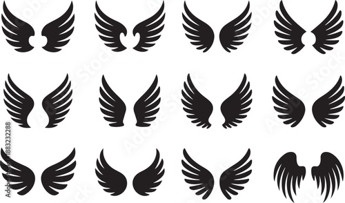 Set of twelve black silhouette angel wing icons in various styles and sizes on a white background wings