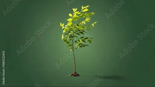 A young sapling tree with vibrant green leaves stands alone against a deep green background, symbolizing growth and new beginnings.