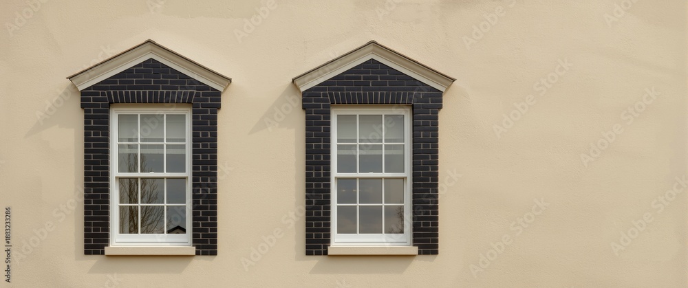 Obraz premium Building with two dormer windows, each containing double-hung windows, and a cream stucco exterior with black brick paneling