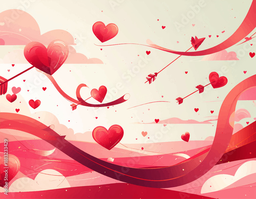 Love's Embrace: An artistic portrayal of romance with floating hearts, ribbons, and arrows, evoking feelings of love and connection.
