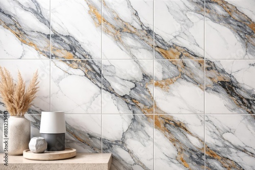 Ceramic and granite tile decor featuring abstract Carrara marble surface background
