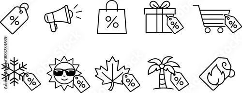 Sale and discount icons set. Promotion, special offer, shopping cart and price reduction outline symbols