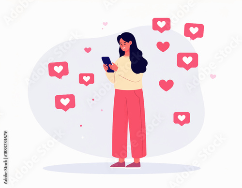 Digital Affection: A young woman engaging with her smartphone, surrounded by a cascade of digital hearts, symbolizing connection and online affection.