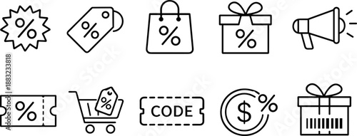 Sale and discount icons set. Promotion, special offer, shopping cart and price reduction outline symbols