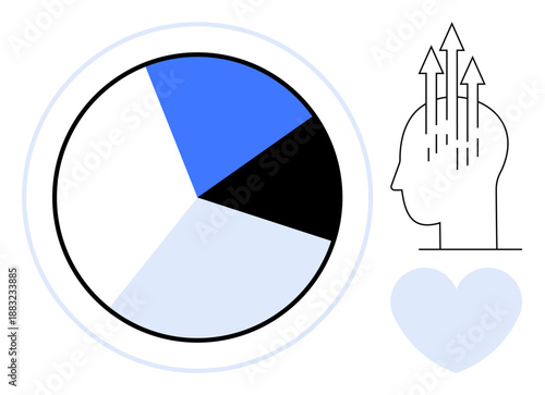 Data analysis concept. Pie chart data segmentation and insights, human mind with arrows suggests growth and progress. Data analysis supports decision-making, innovation, business, education