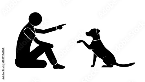 Silhouette of a person training a dog to sit, hand signal, pet obedience and animal behavior concept vector