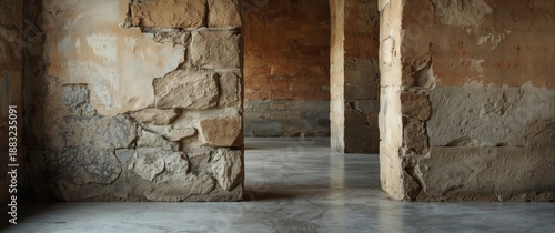 Old stone wall and gray cement floor backdrop