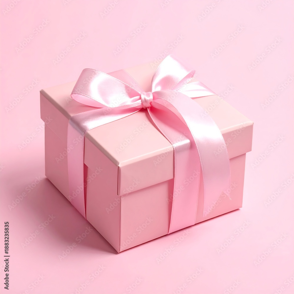 Fototapeta premium Soft pink square gift box tied with satin ribbon sits on matching pink backdrop under gentle lighting