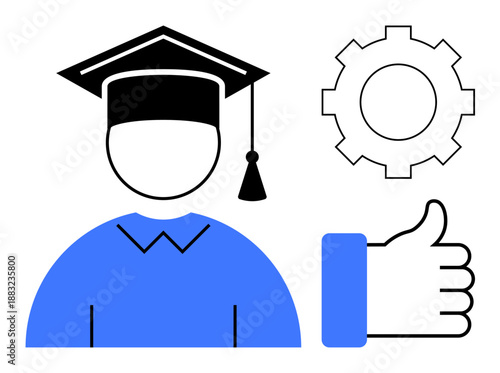Education concept. Education with a graduate, gear, and thumbs up learning, skill development, and achievement. Education for training, careers universities. For schools e-learning success