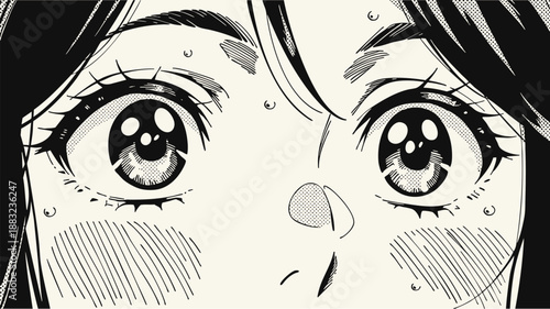 Anime close up of expressive girl eyes with detailed manga linework and emotional facial focus