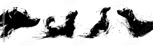 Chinese new year dog zodiac brush painting with dynamic ink strokes on white background