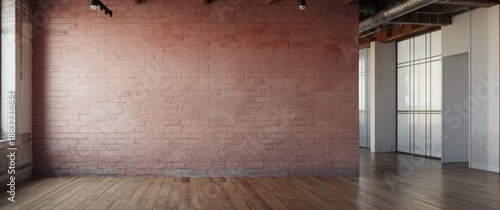 Building with pink brick wall. Contemporary loft interior. Backdrop for design and interview recordings
