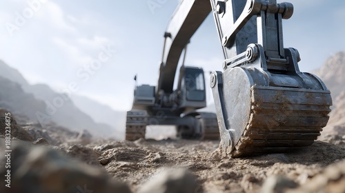 Detailed shot of an industrial excavator in a barren landscape its massive bucket poised over loose earth with tracks resting on the rough terrain under a bright sky