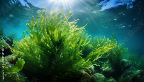 Close Up Of Fresh Green Seaweed Underwater