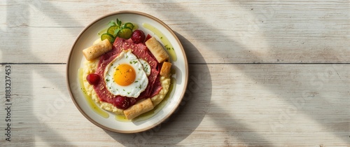 Close-up of Labskaus dish featuring mashed potato, corned beef, beetroot, fried egg, pickled cucumbers, and rollmop on a plate