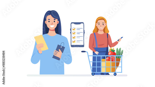 Portrait of happy woman buying groceries in supermarket and looking at camera. Purchasing Goods with Smartphone at Grocery Store. Female customer shopping with smartphone checklist
