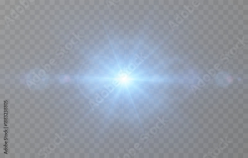 A blue flash of light with rays and glare. Bright PNG flash. Light blue light on an isolated transparent background.