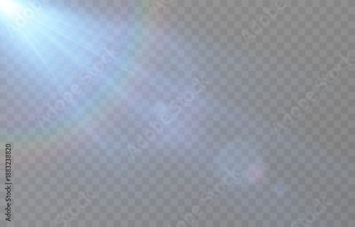 A blue flash of light with rays and glare. Bright PNG flash. Light blue light on an isolated transparent background.