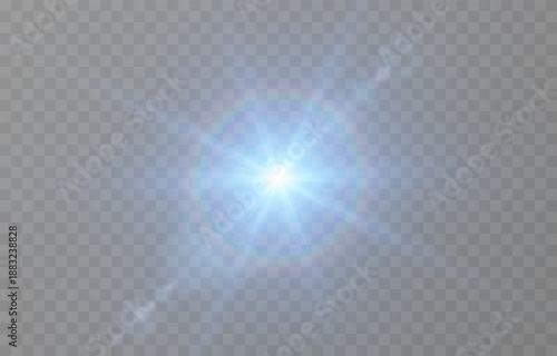 A blue flash of light with rays and glare. Bright PNG flash. Light blue light on an isolated transparent background.