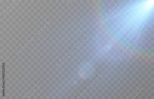 A blue flash of light with rays and glare. Bright PNG flash. Light blue light on an isolated transparent background.