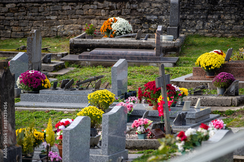 Fototapeta premium Cimetière avec des sépultures couvertes de fleurs fraiches à l'occasion de la Toussaint. France