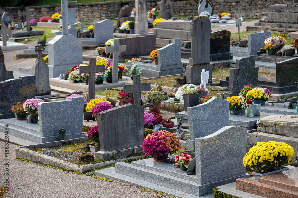 Fototapeta premium Cimetière avec des sépultures couvertes de fleurs fraiches à l'occasion de la Toussaint. France